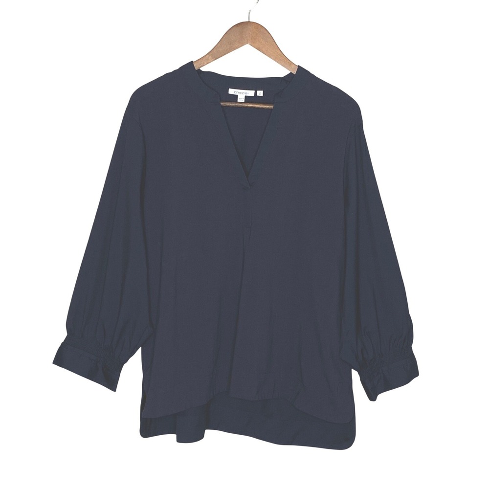 Chicos Womens Popover Top Size 3 XL Blue Mixed Media Cotton Smocked 3/4 Sleeve